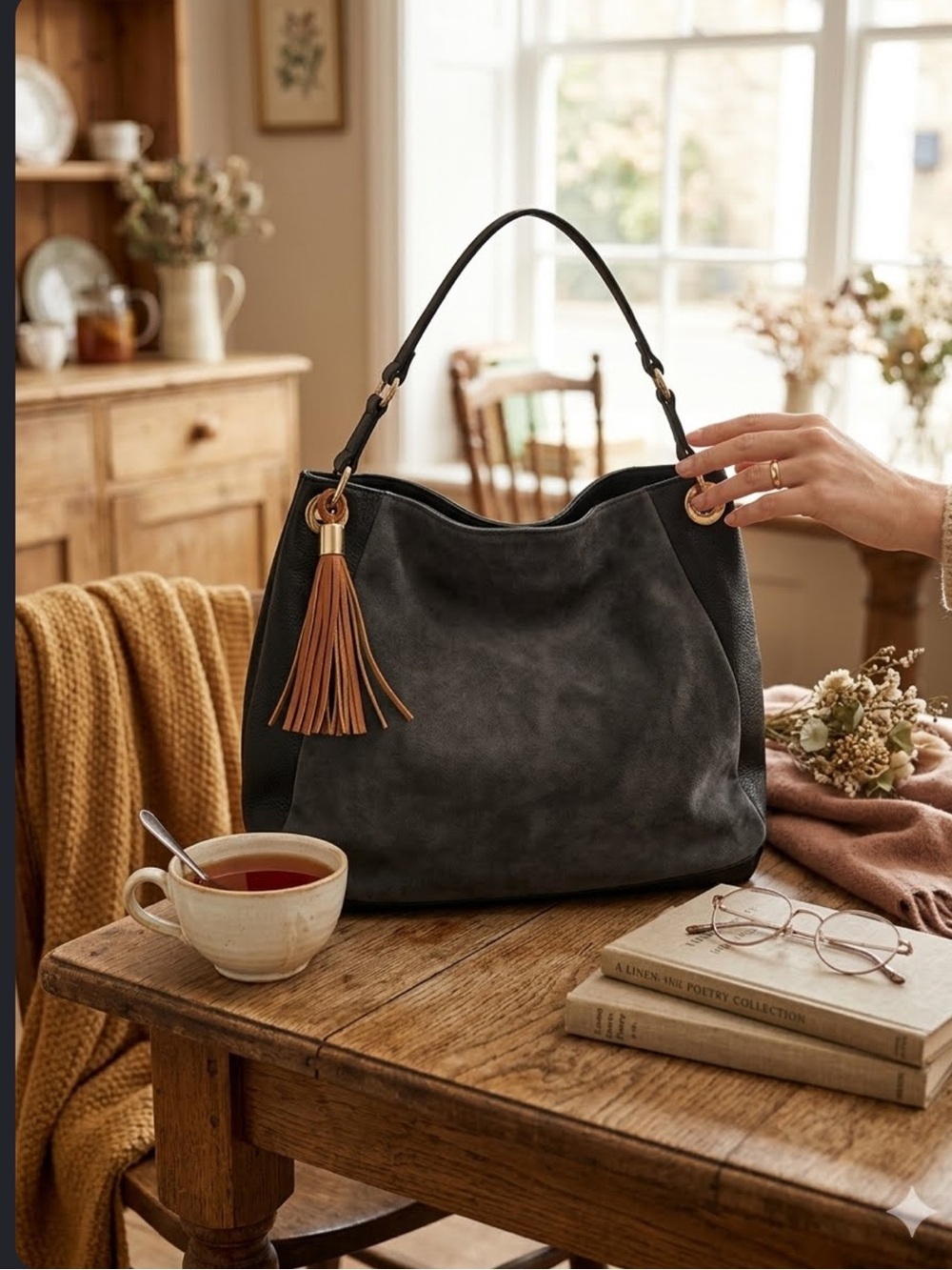 PRIMARK Mixed Media Slouchy Hobo Bag Black Faux Suede Leather Brown Tassels